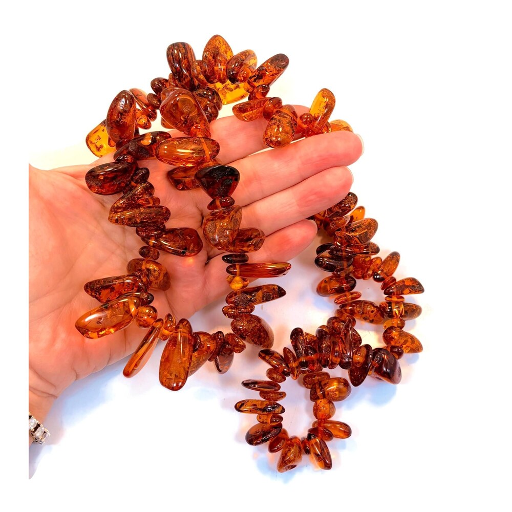 Vintage Amber Necklace, Cognac Honey Amber 30" Long, Graduated, Large Pieces